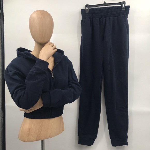 🆕Navy Sweatsuit Jogger Loungewear CropTop Zip Front Coat & Pants W/Pockets - Picture 2 of 13